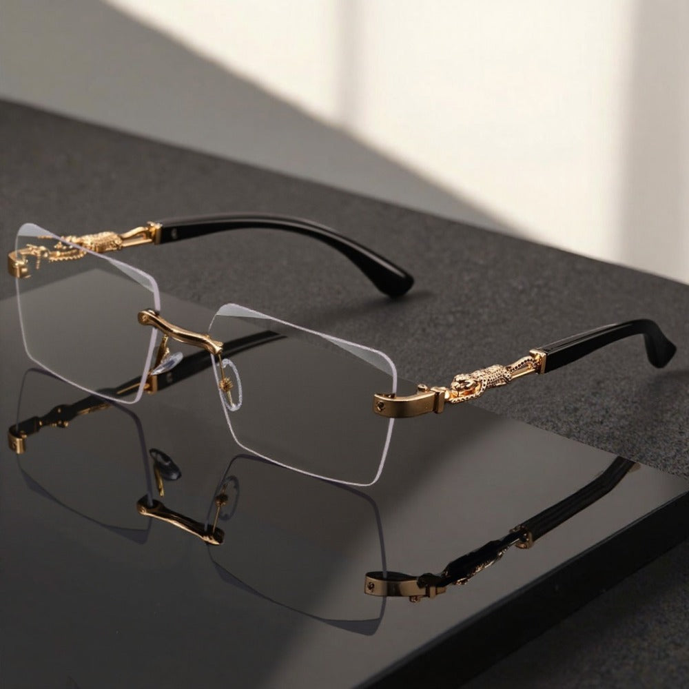 Sunglasses for Men - Luxury Frameless Gold Frame Leopard Arms UV400 Narrow Rectangular Lens - product detail view 5