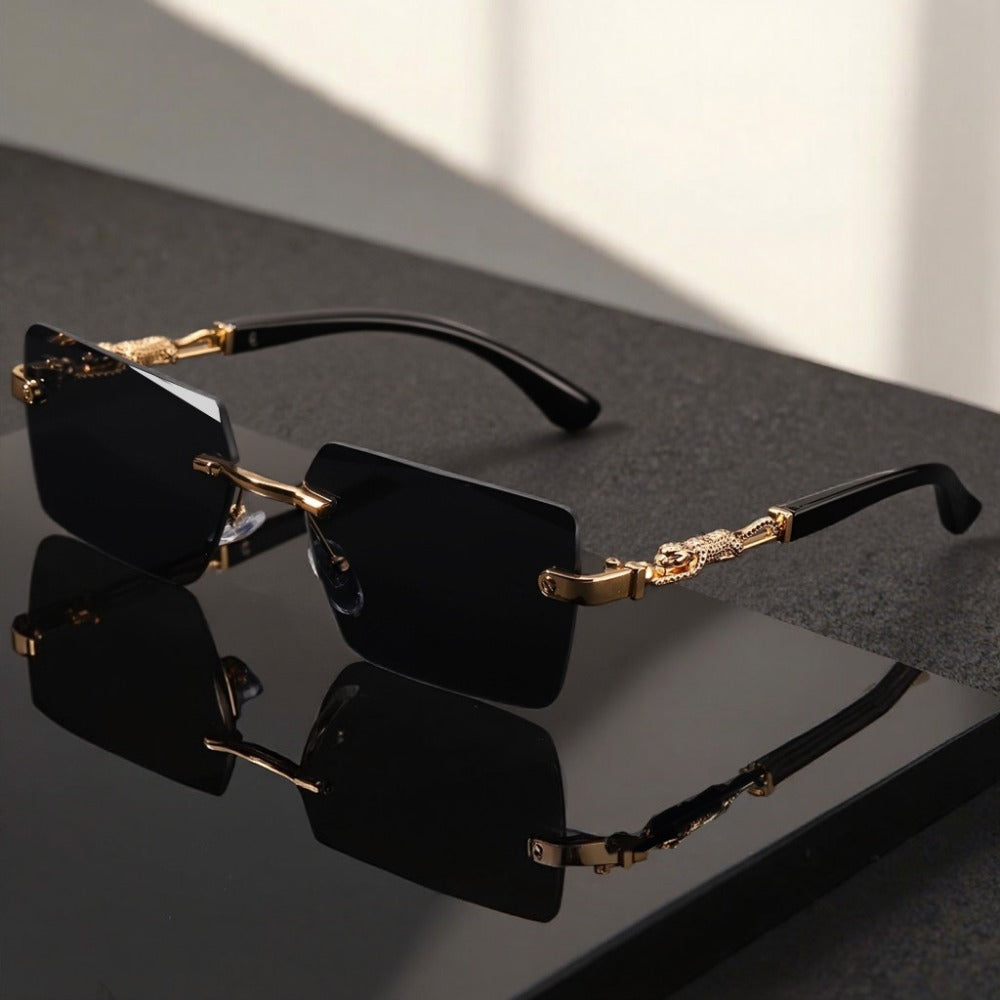 Sunglasses for Men - Luxury Frameless Gold Frame Leopard Arms UV400 Narrow Rectangular Lens - product detail view 8