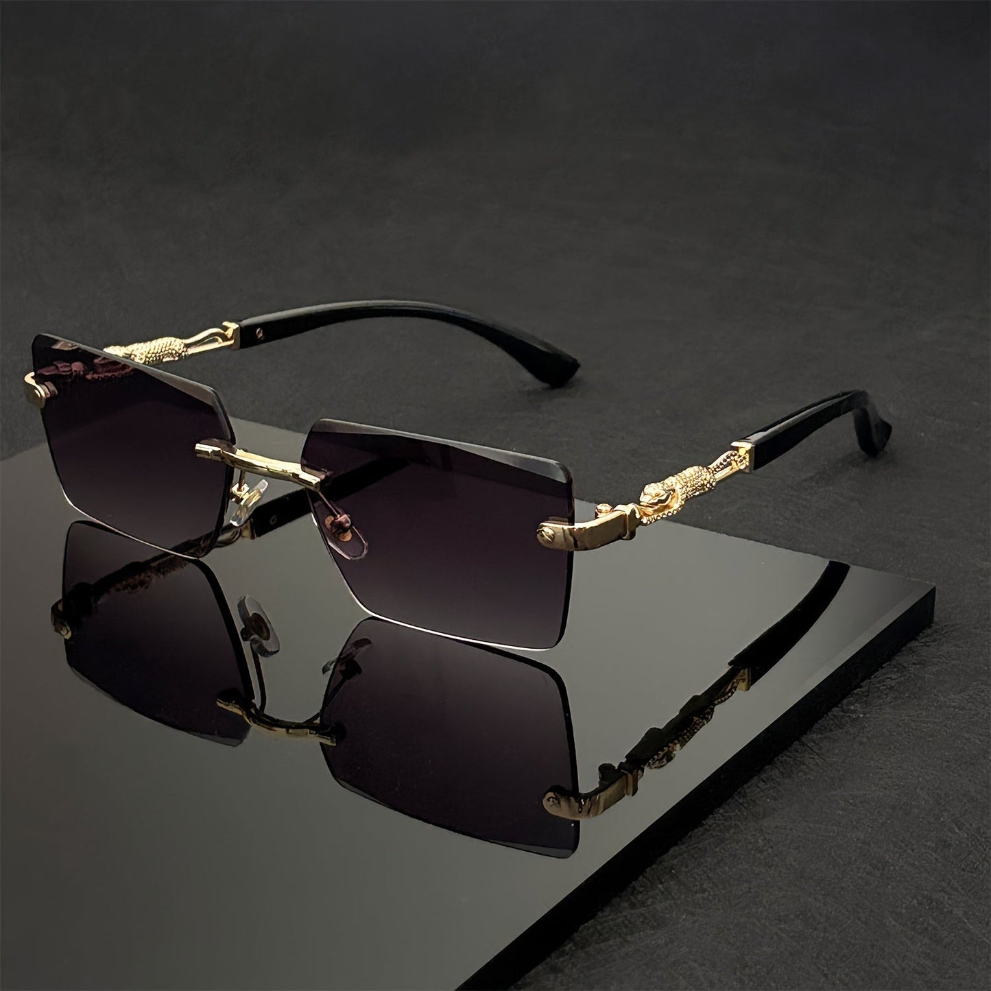 Sunglasses for Men - Luxury Frameless Gold Frame Leopard Arms UV400 Narrow Rectangular Lens - product detail view 24
