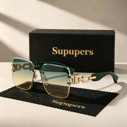 Sunglasses for Women - Oversized Square Luxury Gradient Lenses Gold Chain Temples Green Purple - product detail view 5