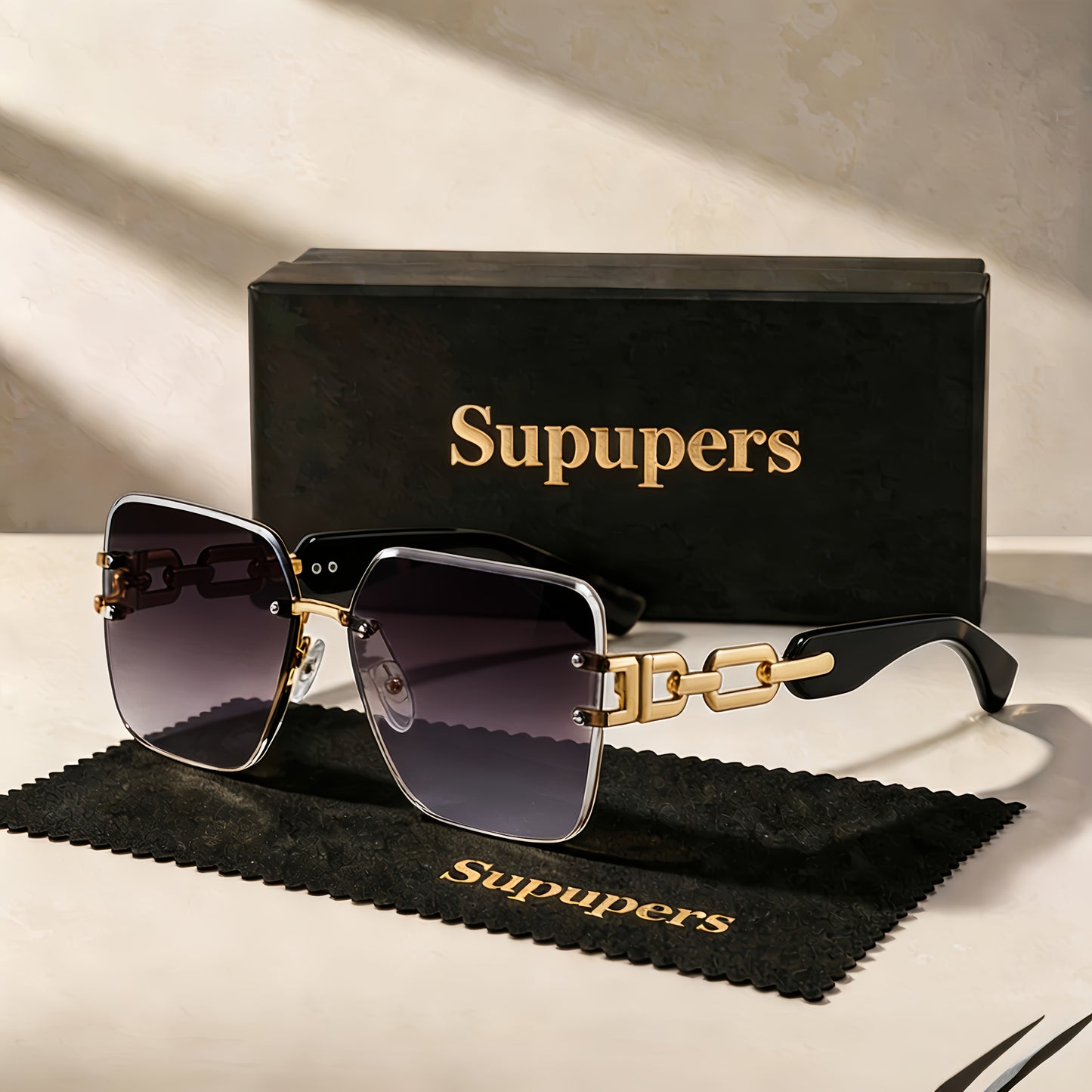 Sunglasses for Women - Oversized Square Luxury Gradient Lenses Gold Chain Temples Green Purple - product detail view 6