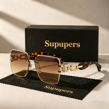 Sunglasses for Women - Oversized Square Luxury Gradient Lenses Gold Chain Temples Green Purple - product detail view 7