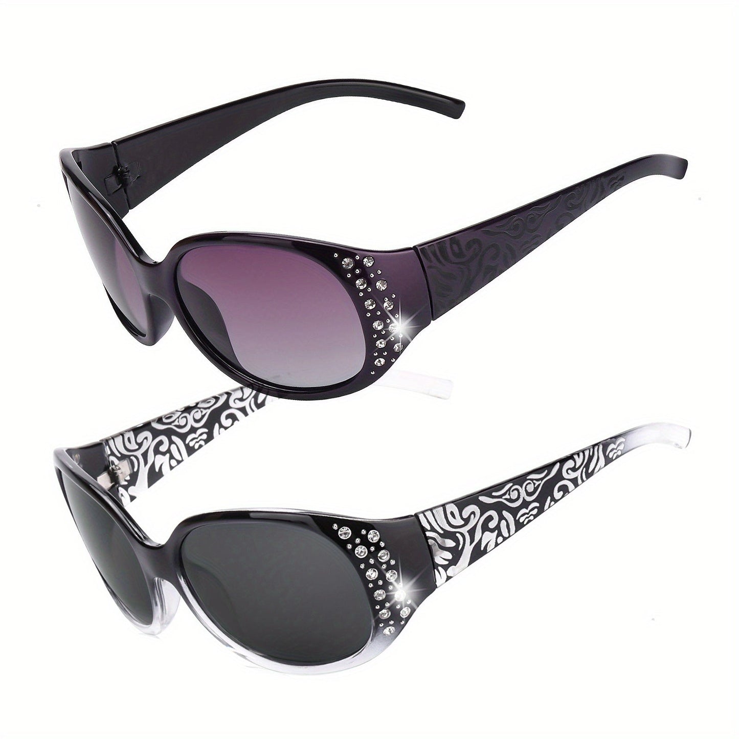 Sunglasses for Women - Polarized 2 Pairs Rhinestone Oval Frame Designer Style Trendy Shades Deep - product detail view 16