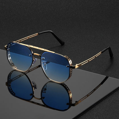 Sunglasses for Men - Retro Punk Oversized Round - Hollow Gold Metal Frame Gradient Lens for - product detail view 3