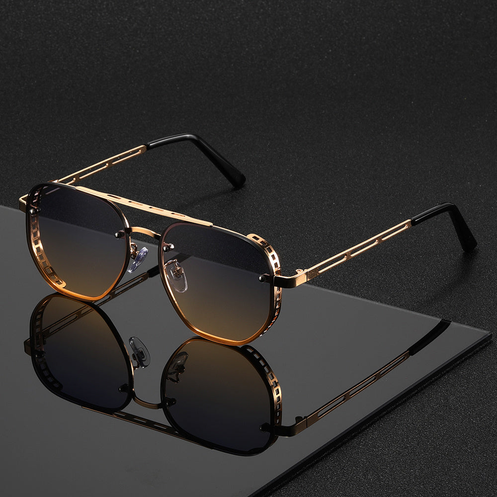 Sunglasses for Men - Retro Punk Oversized Round - Hollow Gold Metal Frame Gradient Lens for - product detail view 10