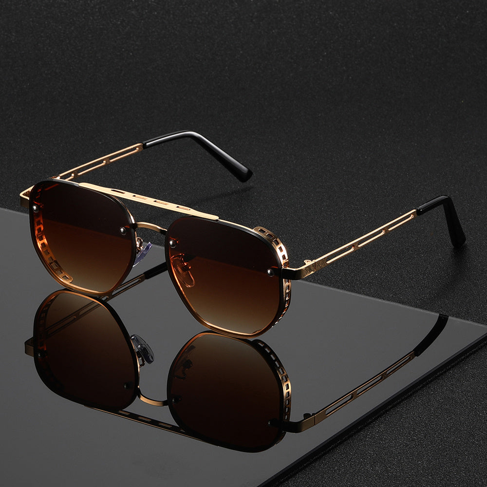 Sunglasses for Men - Retro Punk Oversized Round - Hollow Gold Metal Frame Gradient Lens for - product detail view 12