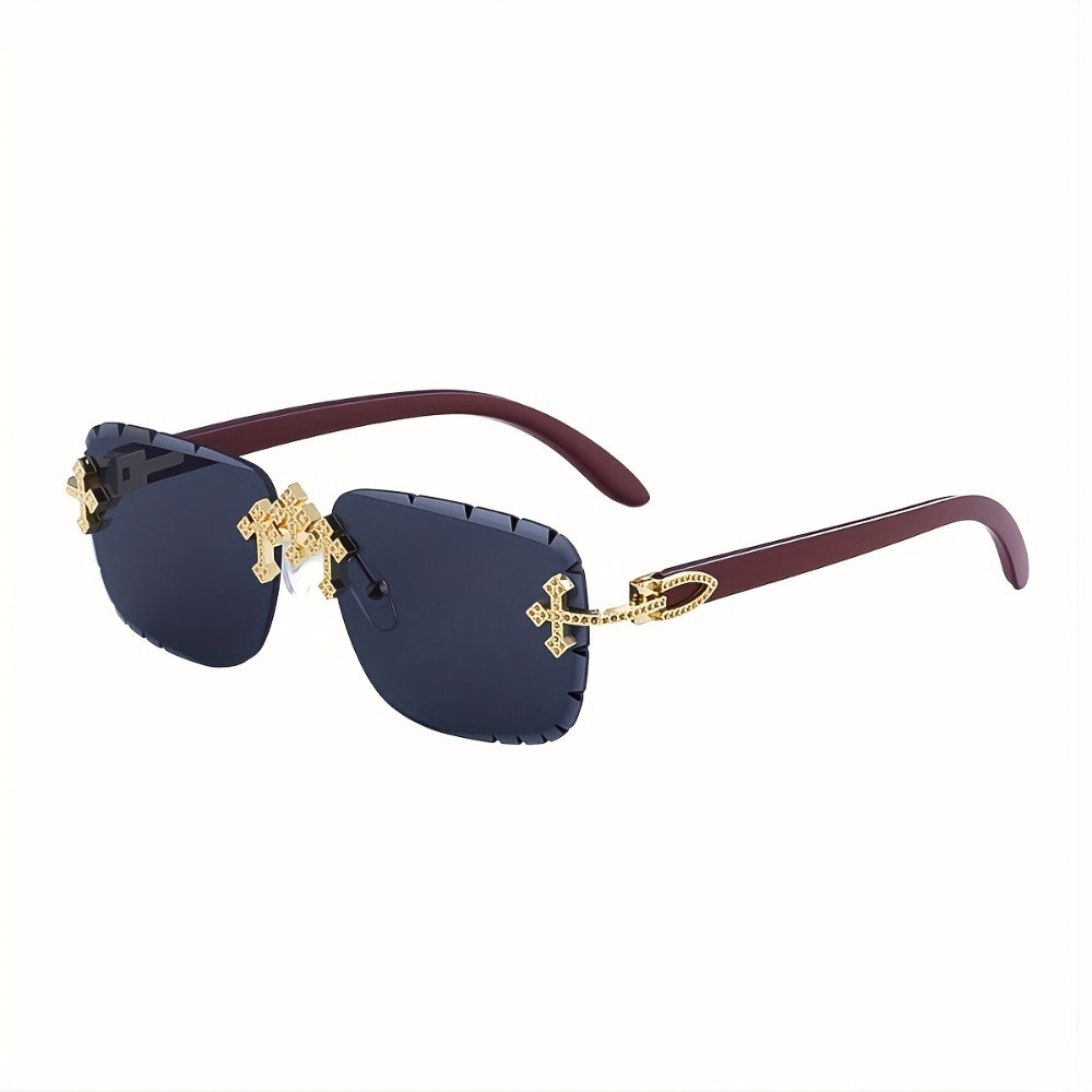 Sunglasses for Men - Rimless Glasses for Frameless Square Retro Wood Grain Design, Gradient PC - product detail view 3