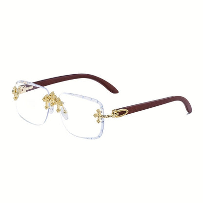 Sunglasses for Men - Rimless Glasses for Frameless Square Retro Wood Grain Design, Gradient PC - product detail view 5