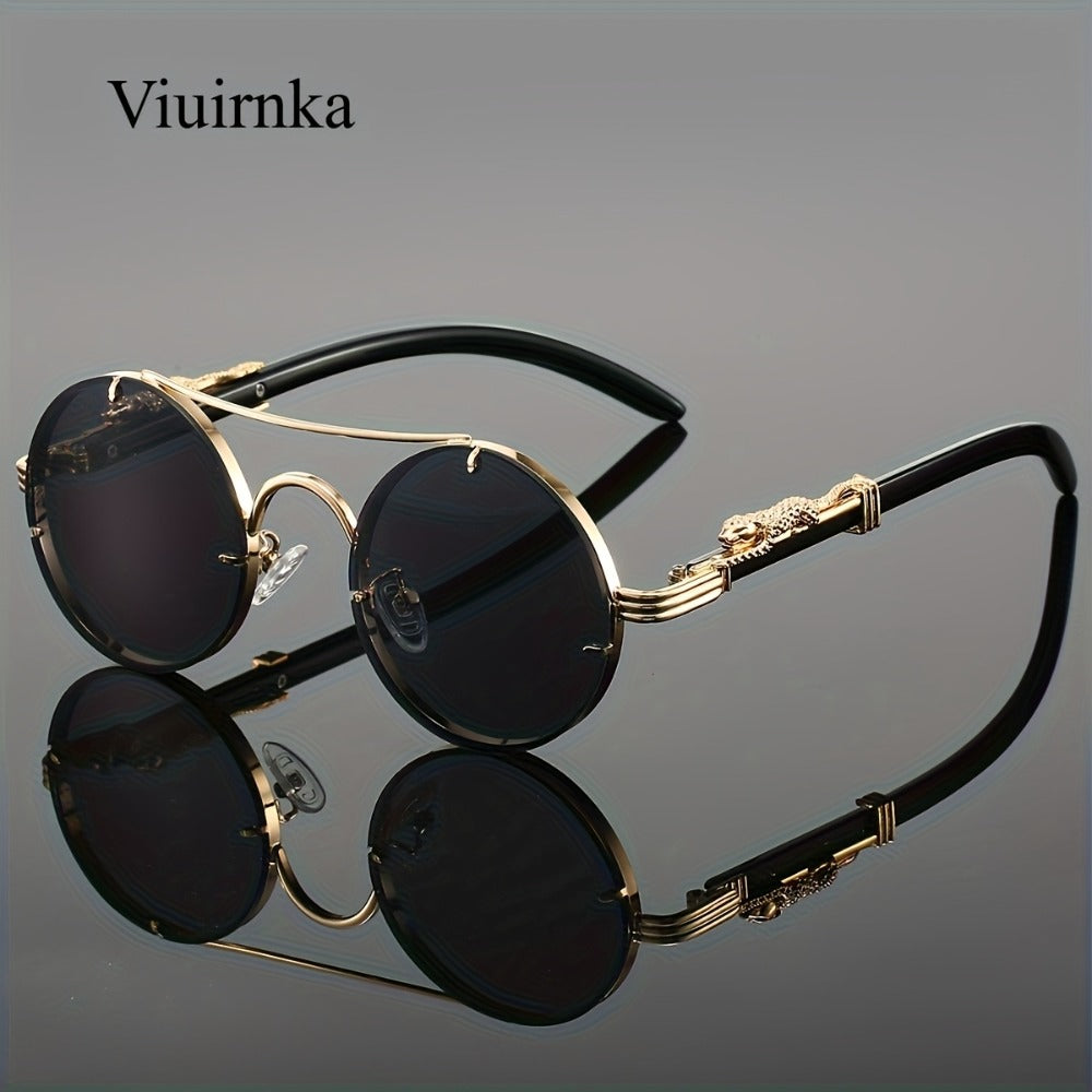 Sunglasses for Men - Round Metal Frame Double Bridge Gradient Lenses Leopard Hinge Luxury - product detail view 2
