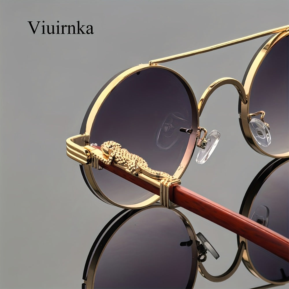 Sunglasses for Men - Round Metal Frame Double Bridge Gradient Lenses Leopard Hinge Luxury - product detail view 11