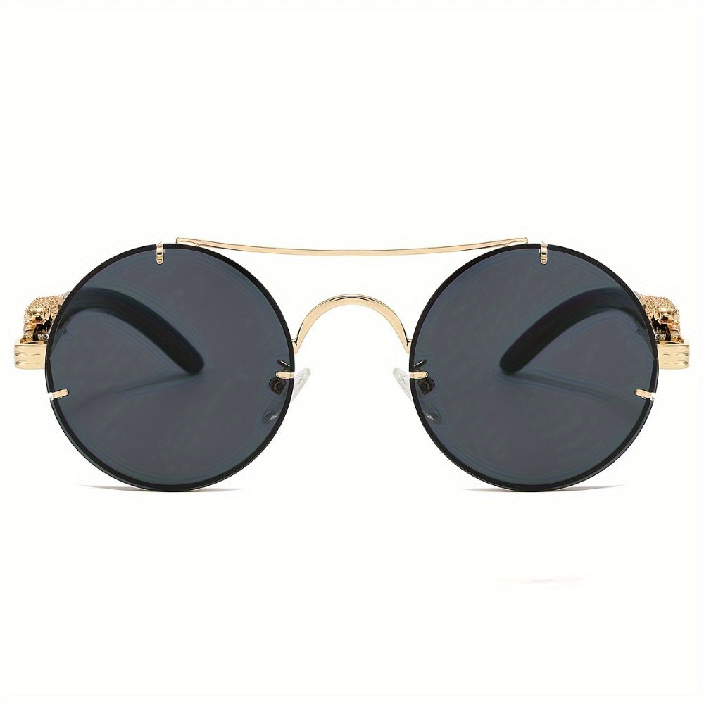 Sunglasses for Men - Round Metal Frame Double Bridge Gradient Lenses Leopard Hinge Luxury - product detail view 12