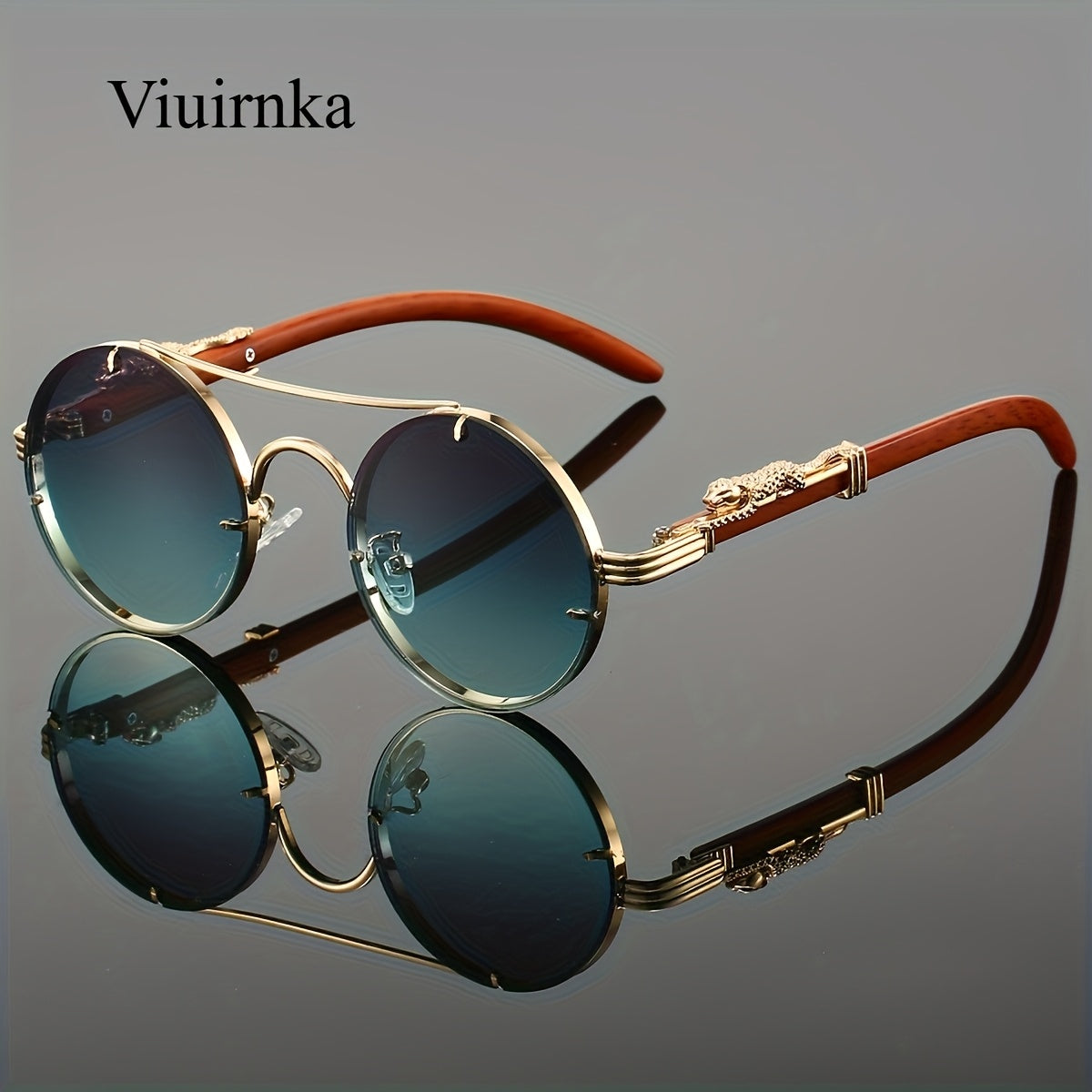 Sunglasses for Men - Round Metal Frame Double Bridge Gradient Lenses Leopard Hinge Luxury - product detail view 25