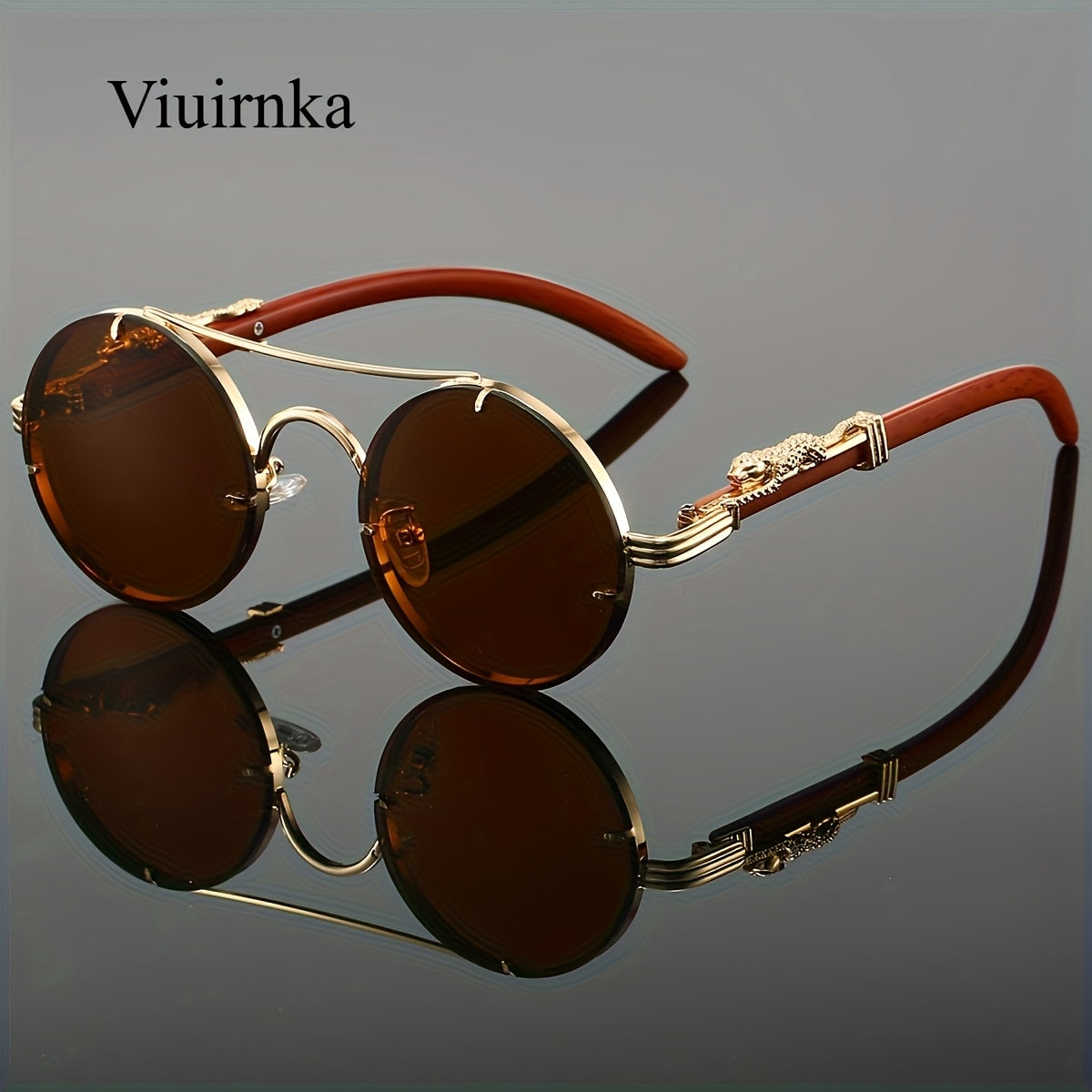 Sunglasses for Men - Round Metal Frame Double Bridge Gradient Lenses Leopard Hinge Luxury - product detail view 26