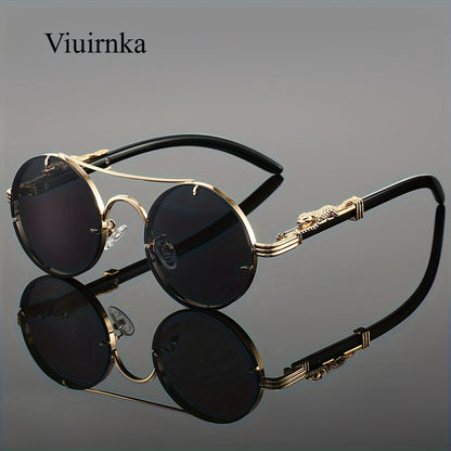 Sunglasses for Men - Round Metal Frame Double Bridge Gradient Lenses Leopard Hinge Luxury - product detail view 27