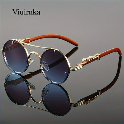 Sunglasses for Men - Round Metal Frame Double Bridge Gradient Lenses Leopard Hinge Luxury - product detail view 29