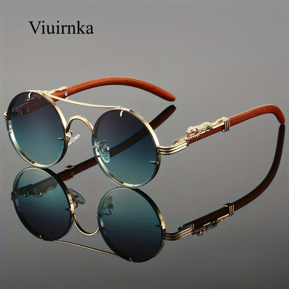 Sunglasses for Men - Round Women Metal Frame Double Bridge Gradient PC Lenses Leopard Hinge - product detail view 4