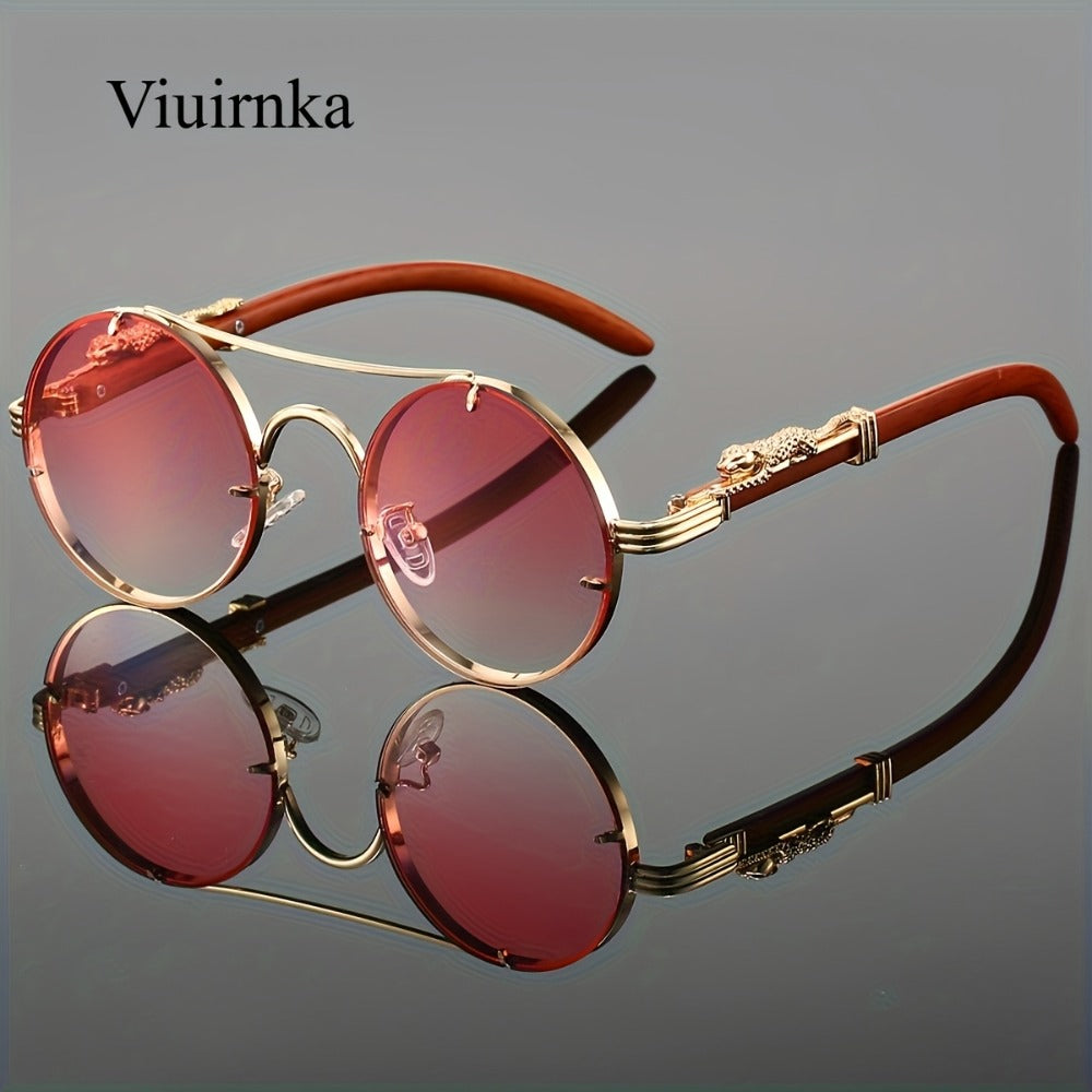 Sunglasses for Men - Round Women Metal Frame Double Bridge Gradient PC Lenses Leopard Hinge - product detail view 7