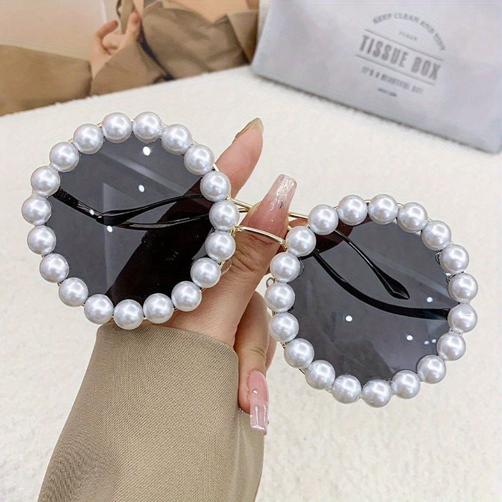 Sunglasses for Women - Round Pearl Frame Gold Wave Temple Full Rim Fashion Glasses for Summer - product detail view 3