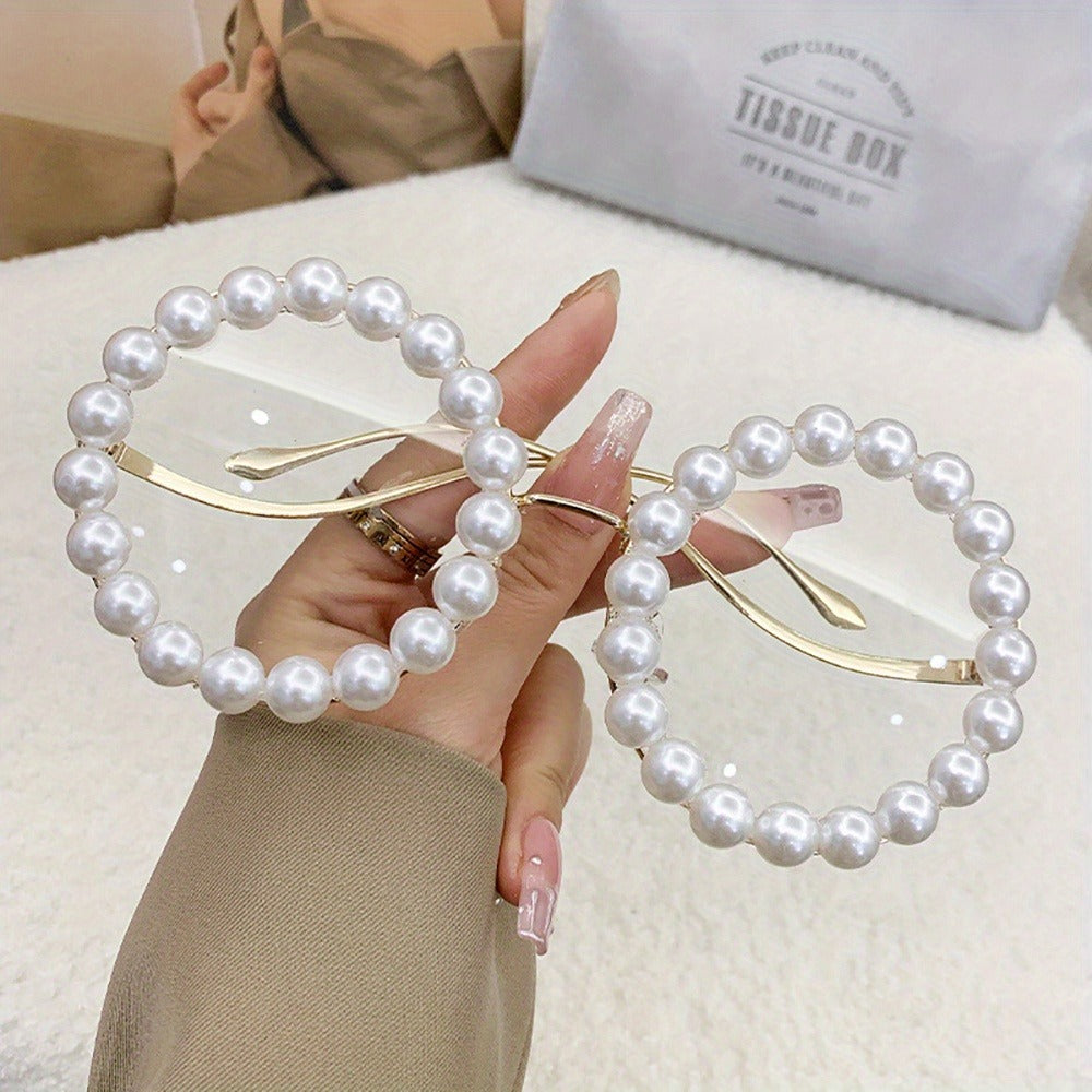 Sunglasses for Women - Round Pearl Frame Gold Wave Temple Full Rim Fashion Glasses for Summer - product detail view 9