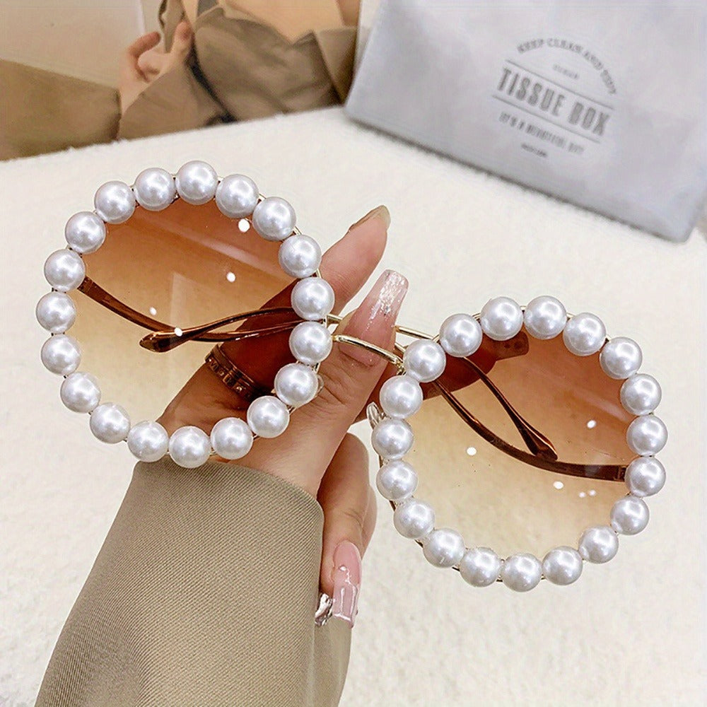 Sunglasses for Women - Round Pearl Frame Gold Wave Temple Full Rim Fashion Glasses for Summer - product detail view 10