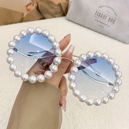 Sunglasses for Women - Round Pearl Frame Gold Wave Temple Full Rim Fashion Glasses for Summer - product detail view 11