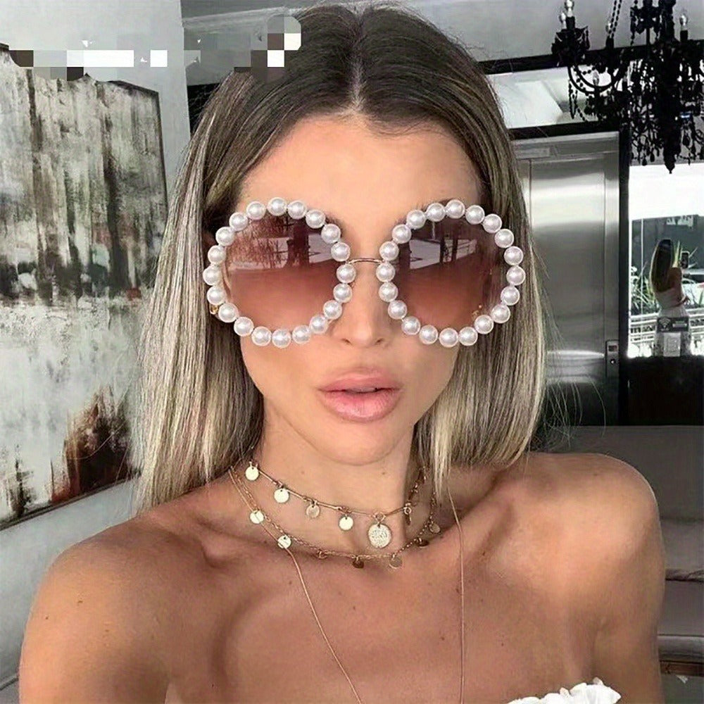 Sunglasses for Women - Round Pearl Frame Gold Wave Temple Full Rim Fashion Glasses for Summer - product detail view 14
