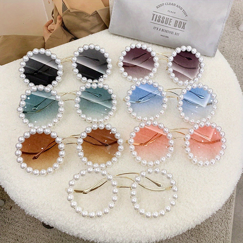 Sunglasses for Women - Round Pearl Frame Gold Wave Temple Full Rim Fashion Glasses for Summer - product detail view 15