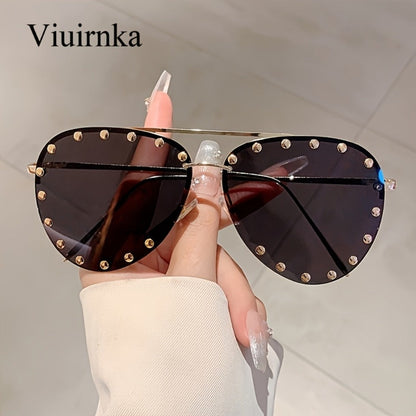 Sunglasses for Women - Semi-Rimless Glasses for Studded Detail, Classic Lightweight Fashion - product detail view 2