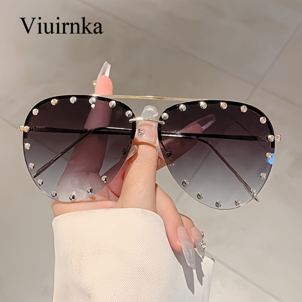 Sunglasses for Women - Semi-Rimless Glasses for Studded Detail, Classic Lightweight Fashion - product detail view 3