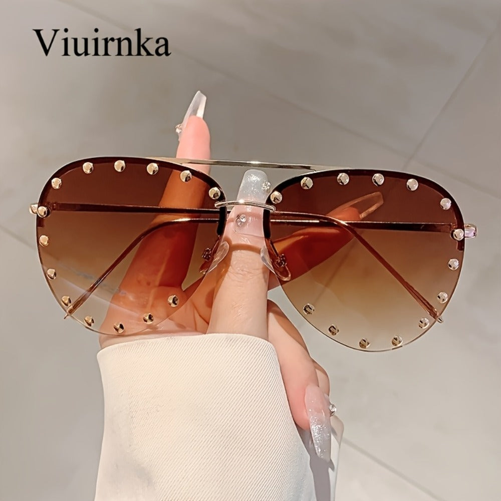 Sunglasses for Women - Semi-Rimless Glasses for Studded Detail, Classic Lightweight Fashion - product detail view 5