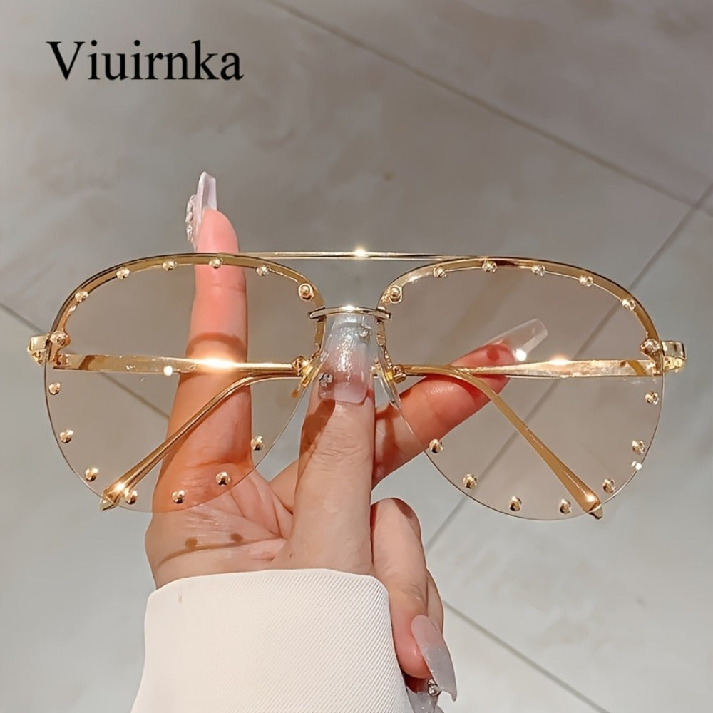 Sunglasses for Women - Semi-Rimless Glasses for Studded Detail, Classic Lightweight Fashion - product detail view 6