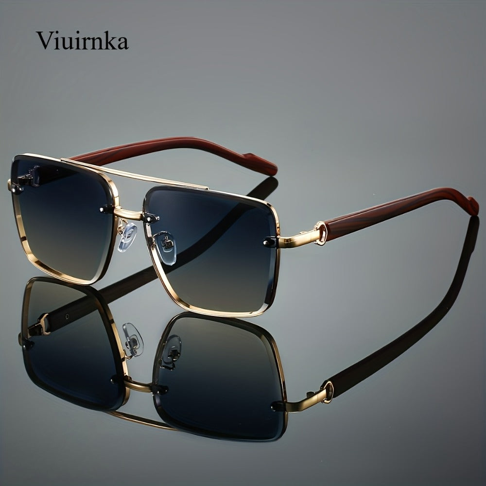 Sunglasses for Men - Square Women Double Bridge Gold Frame, Vintage Wood Grain Texture Light - product detail view 6