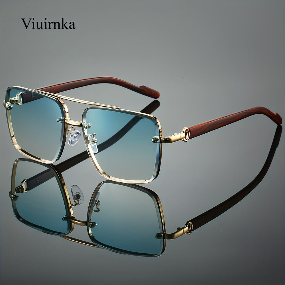 Sunglasses for Men - Square Women Double Bridge Gold Frame, Vintage Wood Grain Texture Light - product detail view 7