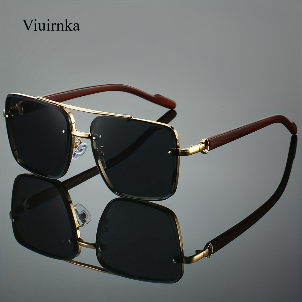 Sunglasses for Men - Square Women Double Bridge Gold Frame, Vintage Wood Grain Texture Light - product detail view 8