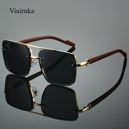 Sunglasses for Men - Square Women Double Bridge Gold Frame, Vintage Wood Grain Texture Light - product detail view 8