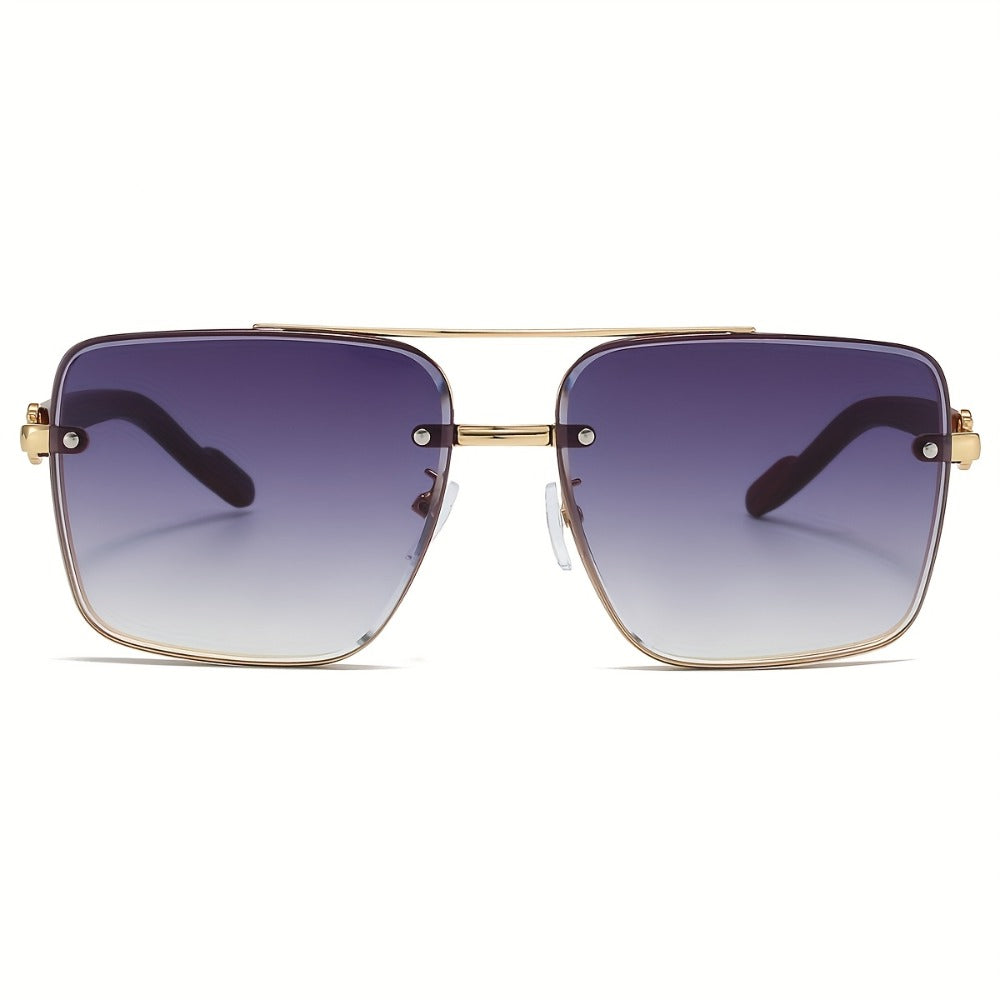 Sunglasses for Men - Square Women Double Bridge Gold Frame, Vintage Wood Grain Texture Light - product detail view 11