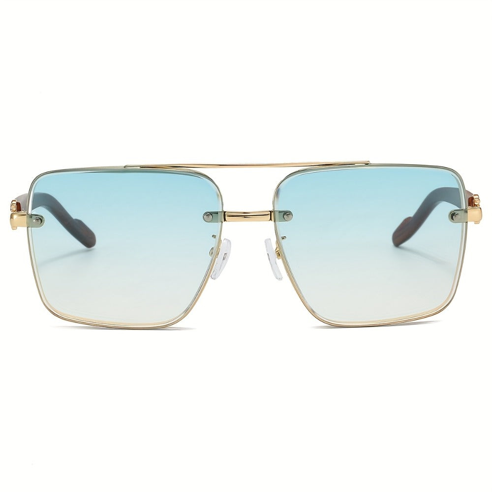 Sunglasses for Men - Square Women Double Bridge Gold Frame, Vintage Wood Grain Texture Light - product detail view 16