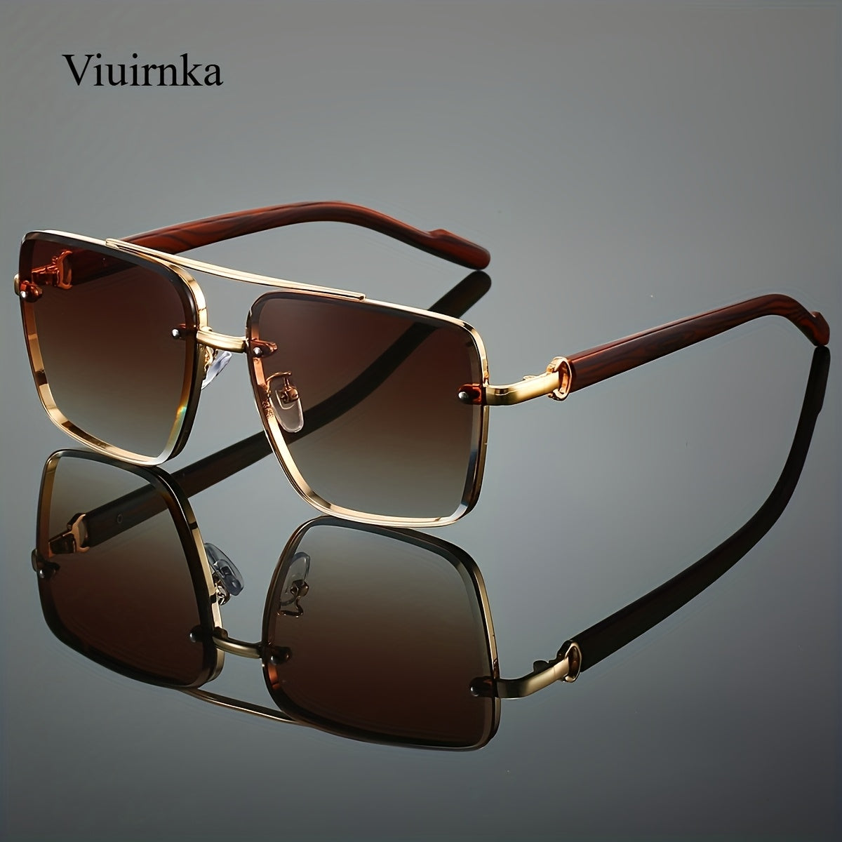 Sunglasses for Men - Square Women Double Bridge Gold Frame, Vintage Wood Grain Texture Light - product detail view 17