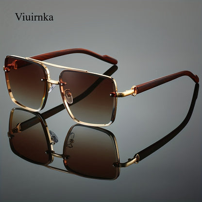 Sunglasses for Men - Square Women Double Bridge Gold Frame, Vintage Wood Grain Texture Light - product detail view 17