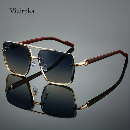 Sunglasses for Men - Square Women Double Bridge Gold Frame, Vintage Wood Grain Texture Light - product detail view 18