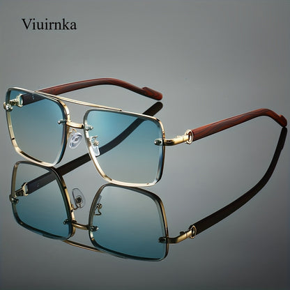 Sunglasses for Men - Square Women Double Bridge Gold Frame, Vintage Wood Grain Texture Light - product detail view 19