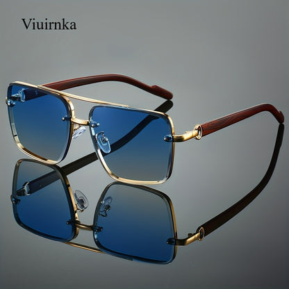 Sunglasses for Men - Square Women Double Bridge Gold Frame, Vintage Wood Grain Texture Light - product detail view 21