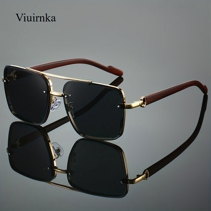 Sunglasses for Men - Square Women Double Bridge Gold Frame, Vintage Wood Grain Texture Light - product detail view 22