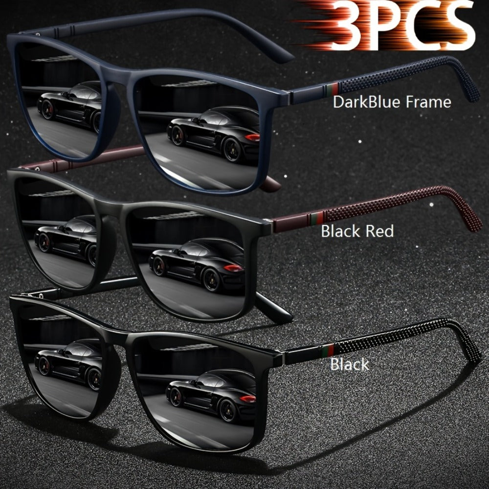 Sunglasses for Men - Square Glasses 3-Pack Striped Fashion Anti-Glare UV Protection, Black Red - product detail view 3