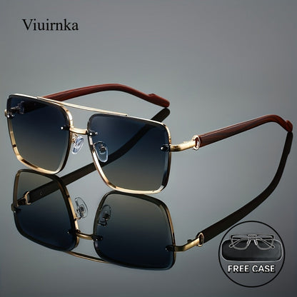 Sunglasses for Men - Wood Grain UV400 Square Bridge Frame - AC Lens Gold PC Lightweight Retro - main product view