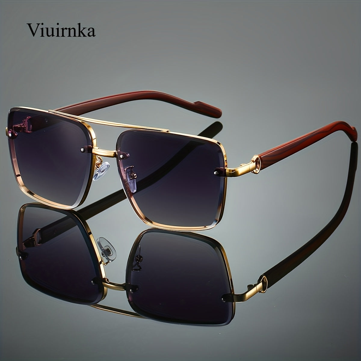 Sunglasses for Men - Wood Grain UV400 Square Bridge Frame - AC Lens Gold PC Lightweight Retro - product detail view 17