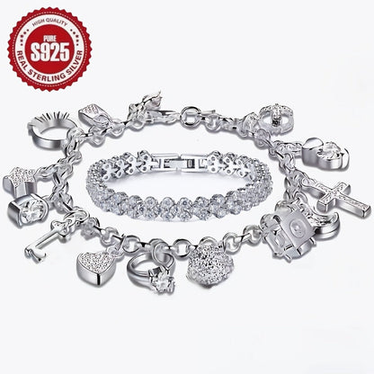 Tennis Bracelet - 925 Sterling Silver Set Women S925 CZ Retro Charm Set 2 Piece Zirconia - product detail view 3