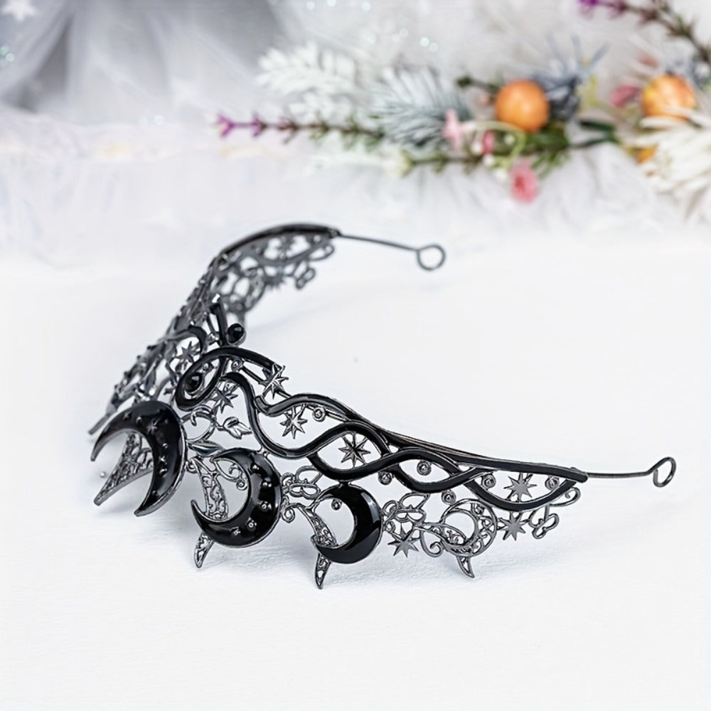 Tiara Crown - Crescent Moon Gothic Black Star Dark Aesthetic Headband for Women Men - product detail view 12