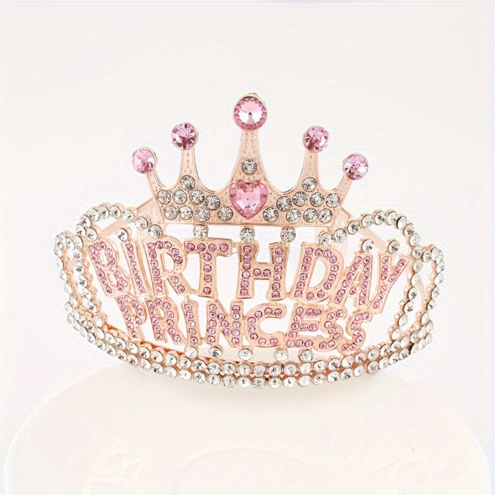 Tiara Crown - Headband Rhinestone Princess for Women Girls Glitter Rose Gold Letter Hair - product detail view 3