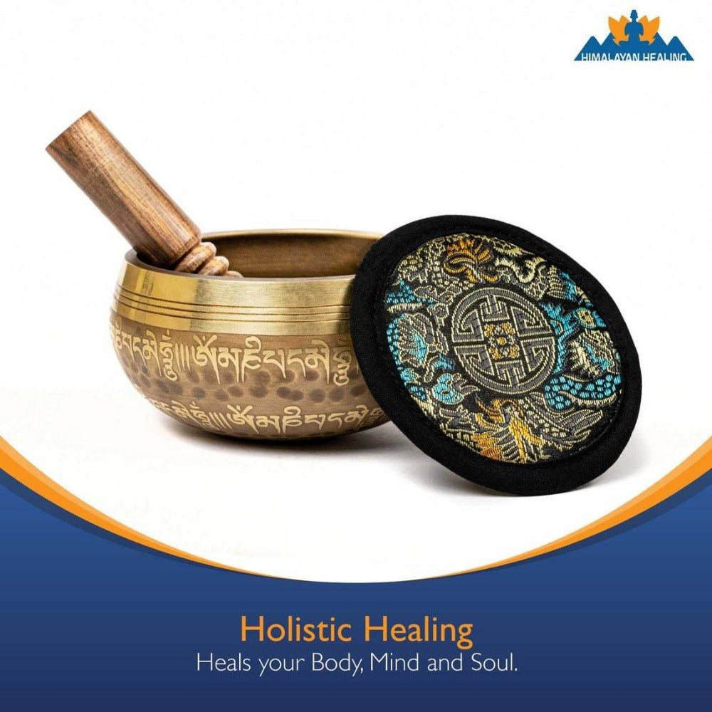 Tibetan Singing Bowl Set, 4-Inch Mantra and Third Eye Design with Mallet detail image - detail view 12